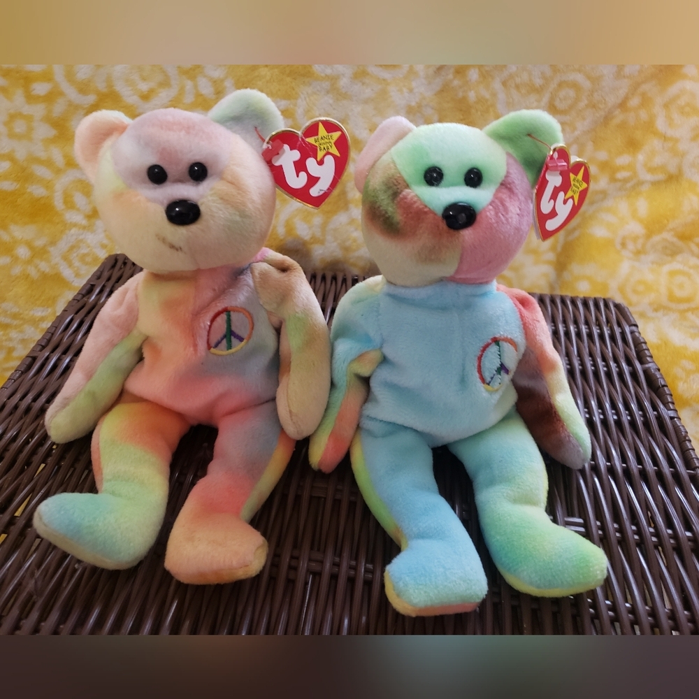 🧸 RARE Ty Beanie Baby PEACE Bears SET (2) - Tie Dye VINTAGE 1996 w/Tags! PEACE!